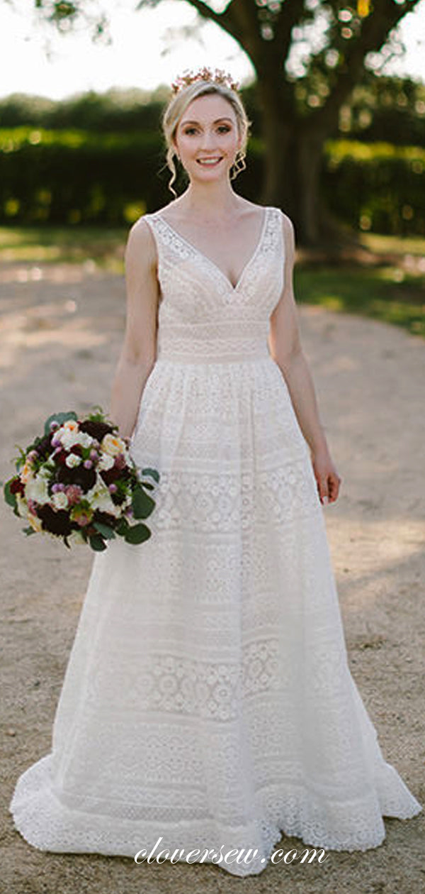 Ivory Unqiue Lace V-neck Convertible Detachable A-line Wedding Dresses, CW0049