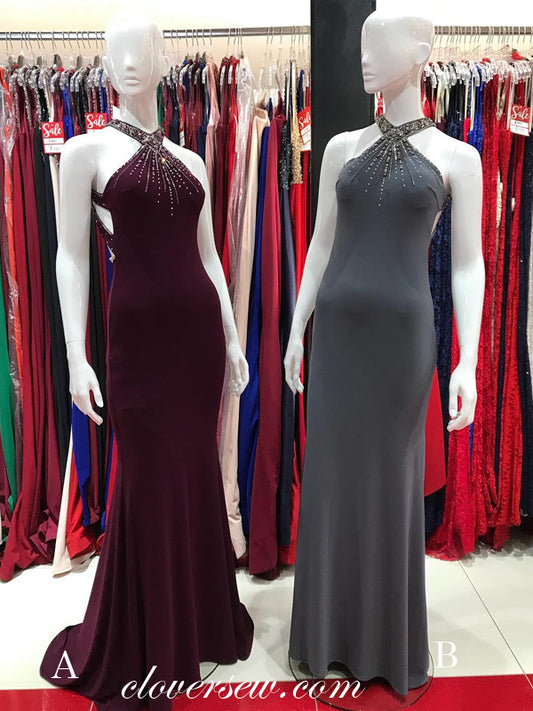 Jersey Bead Halter Sheath Open Back Formal Dresses , CP0050