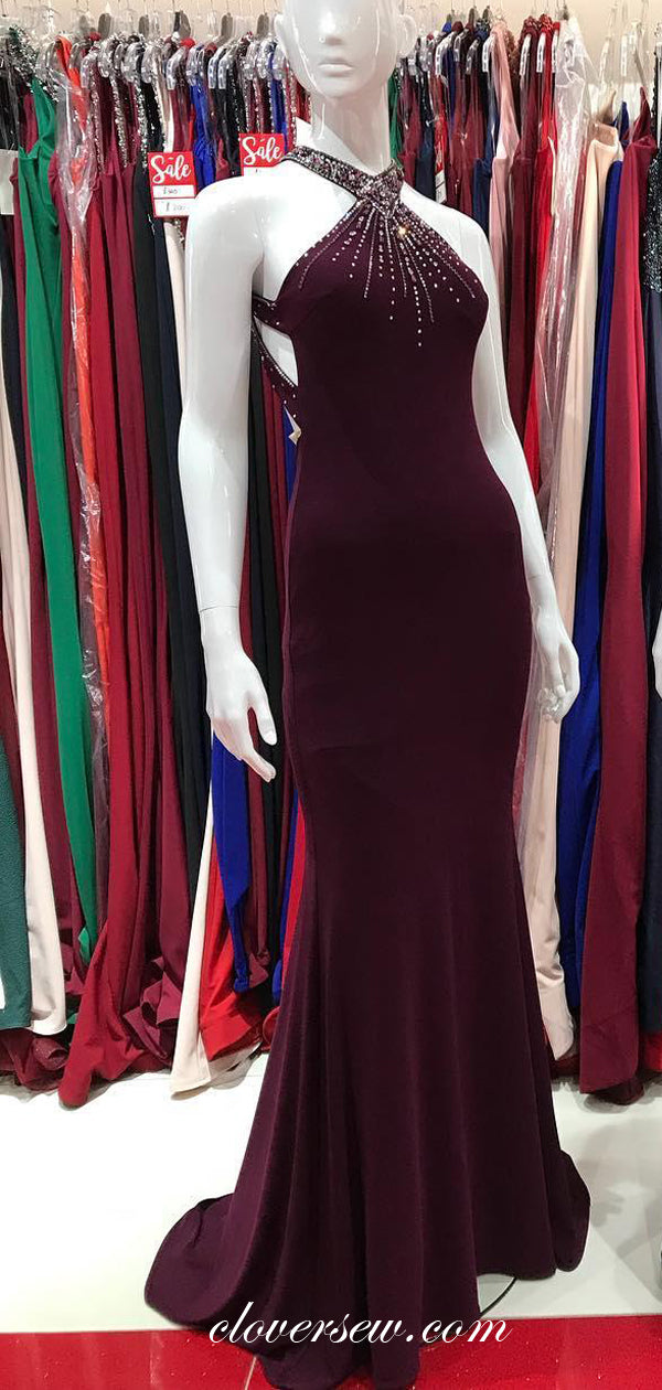 Jersey Bead Halter Sheath Open Back Formal Dresses , CP0050