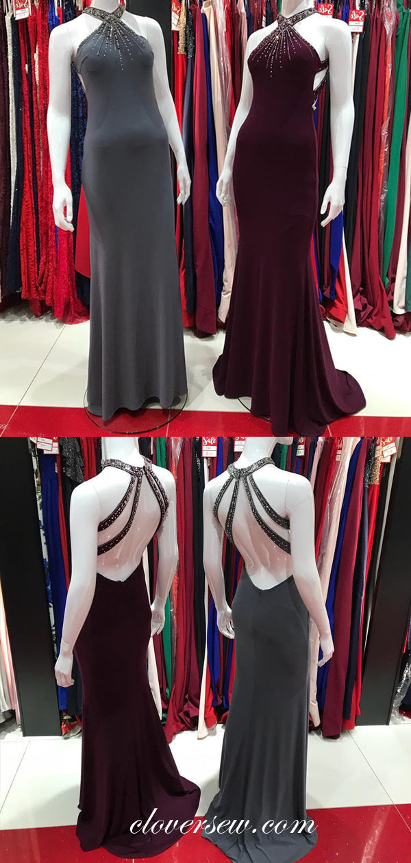 Jersey Bead Halter Sheath Open Back Formal Dresses , CP0050