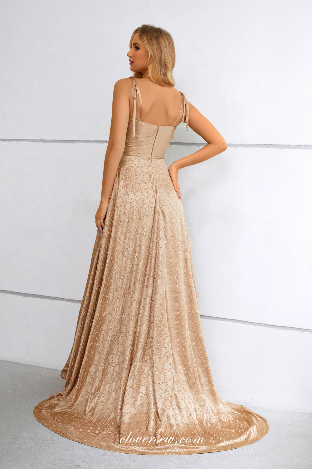 Khaki Printed Sleeveless A-line Side Slit Prom Dresses, CP0908