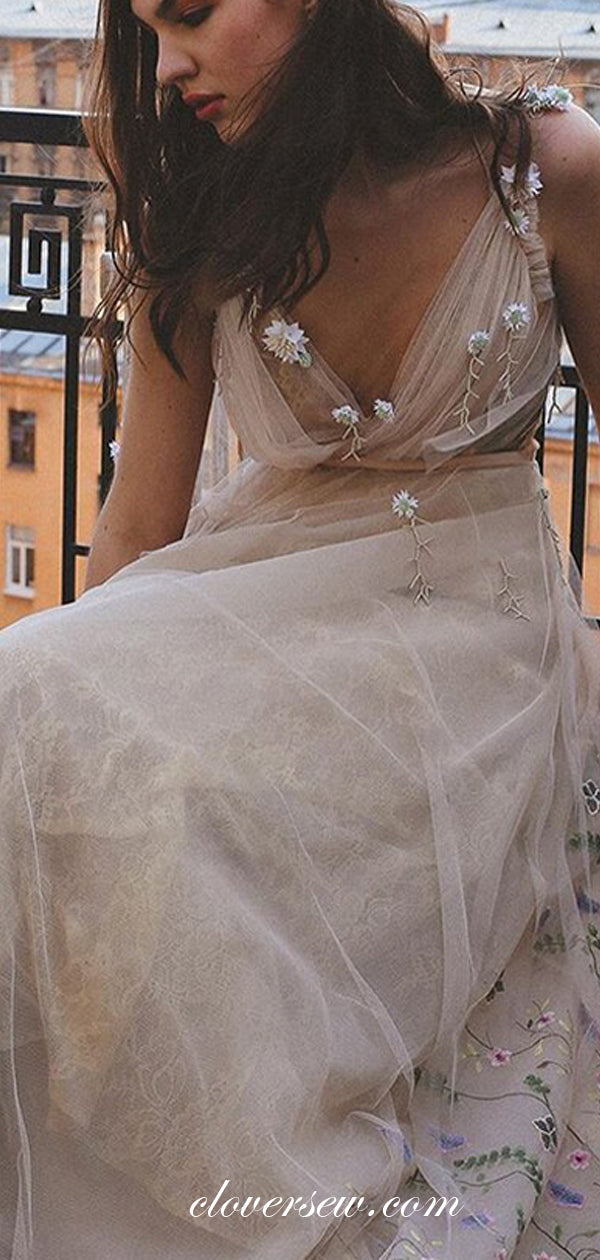 Lace 3d Applique Embroidery Tulle Boho A-line Wedding Dresses,CW0119