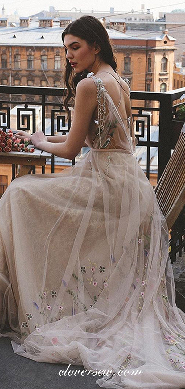 Lace 3d Applique Embroidery Tulle Boho A-line Wedding Dresses,CW0119