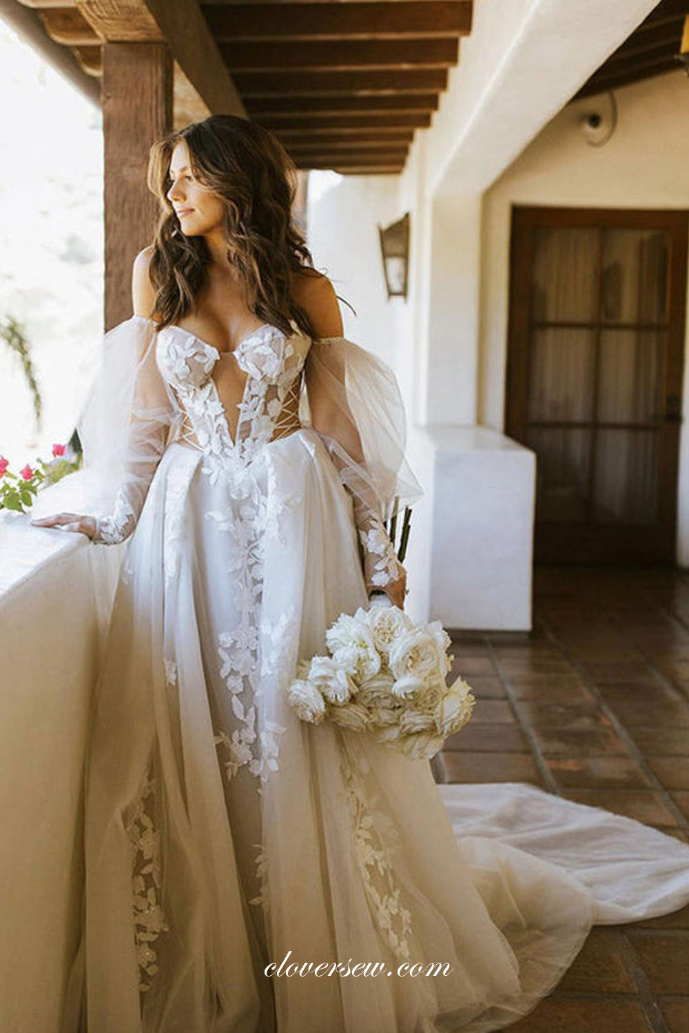 Lace Applique Long Lantern Sleeves Off The Shoulder Ball Gown Wedding Dresses, CW0345 Lace Applique Long Lantern Sleeves Off The Shoulder Ball Gown Wedding Dresses, CW0345