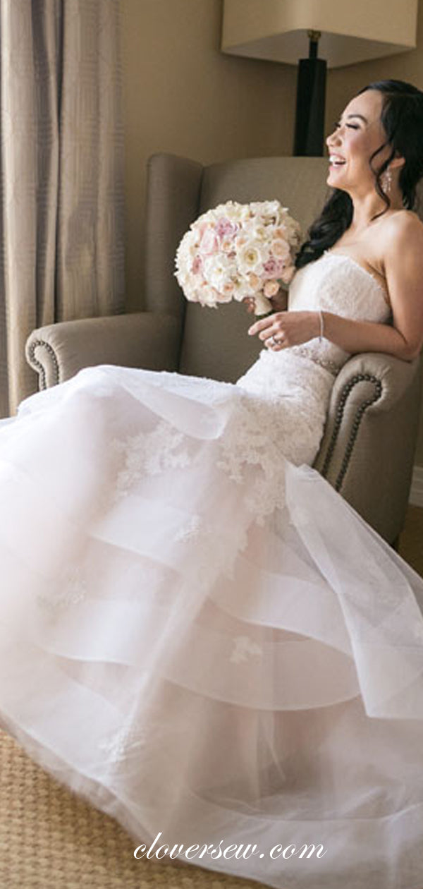 Lace Applique Organza Ruffles Mermaid Strapless Wedding Dresses,CW0129