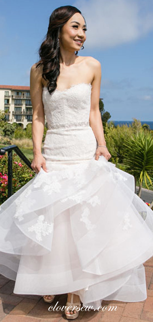 Lace Applique Organza Ruffles Mermaid Strapless Wedding Dresses,CW0129