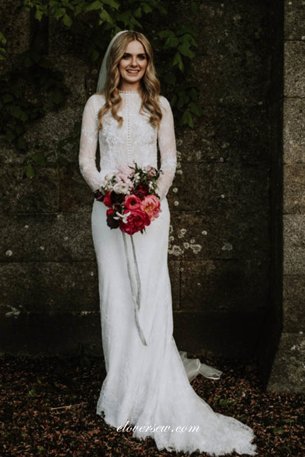 Lace High Neck Long Sleeves Sheath Wedding Dresses, CW0238