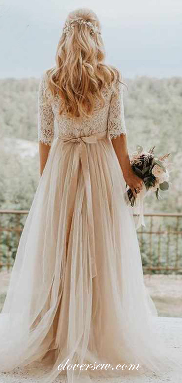 Lace Tulle Half Sleeves A-line Country Wedding Dresses,CW0115
