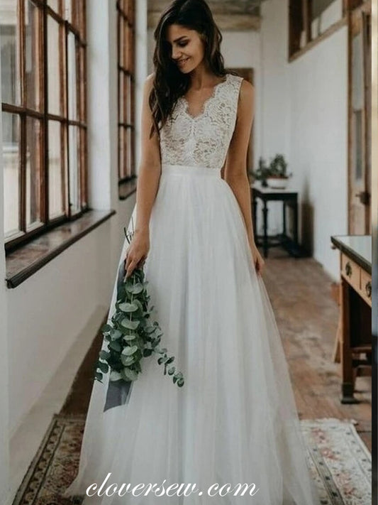 Lace Tulle Sleeveless Elegant A-line Beach Wedding Dresses CW0198