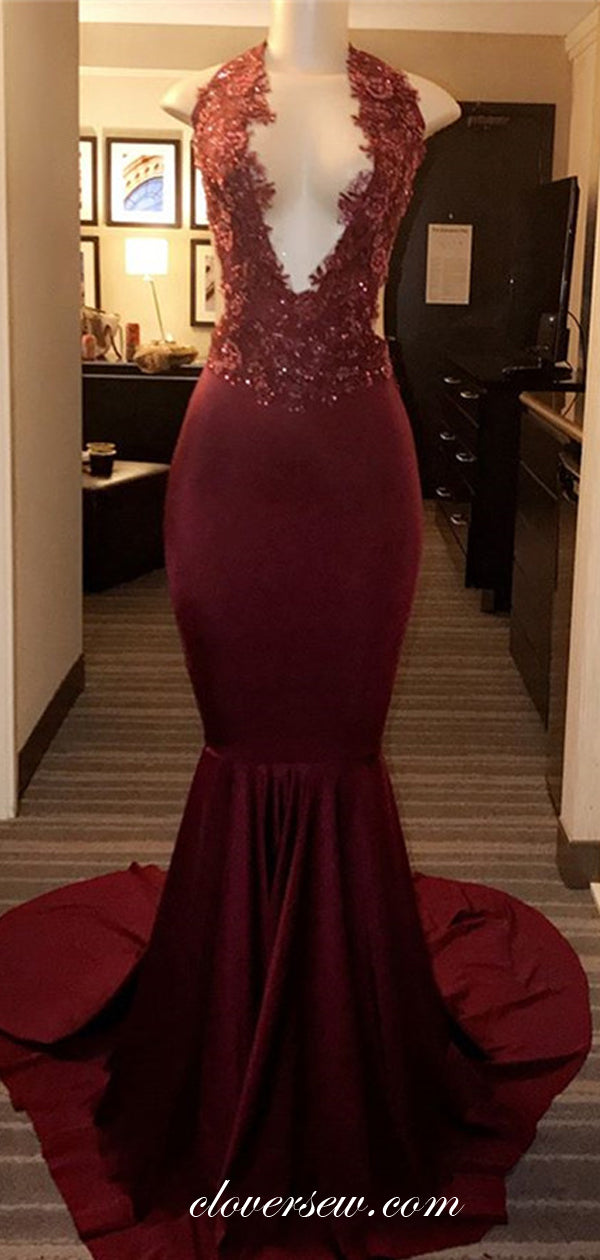 Lace Bead Burgundy Jersey Halter Mermaid Prom Dresses,CP0216 clover sew Lace Bead Burgundy Jersey Halter Mermaid Prom Dresses,CP0216 clover sew