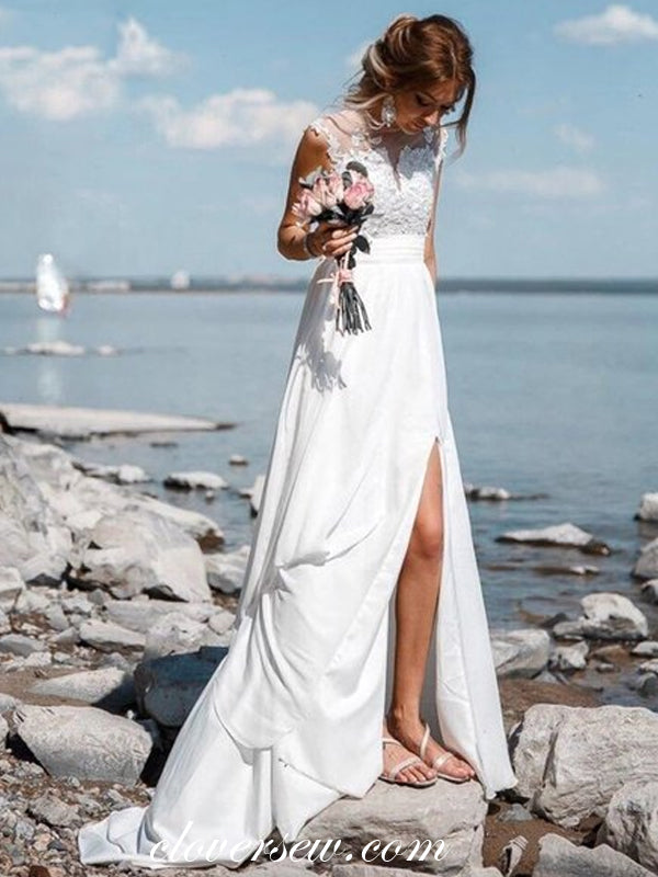 Lace Chiffon See Through Back Side Slit Beach Wedding Dresses,CW0095