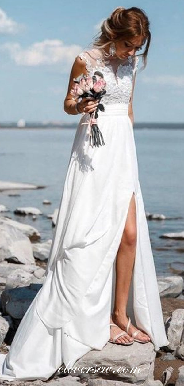 Lace Chiffon See Through Back Side Slit Beach Wedding Dresses,CW0095 clover sew Lace Chiffon See Through Back Side Slit Beach Wedding Dresses,CW0095 clover sew