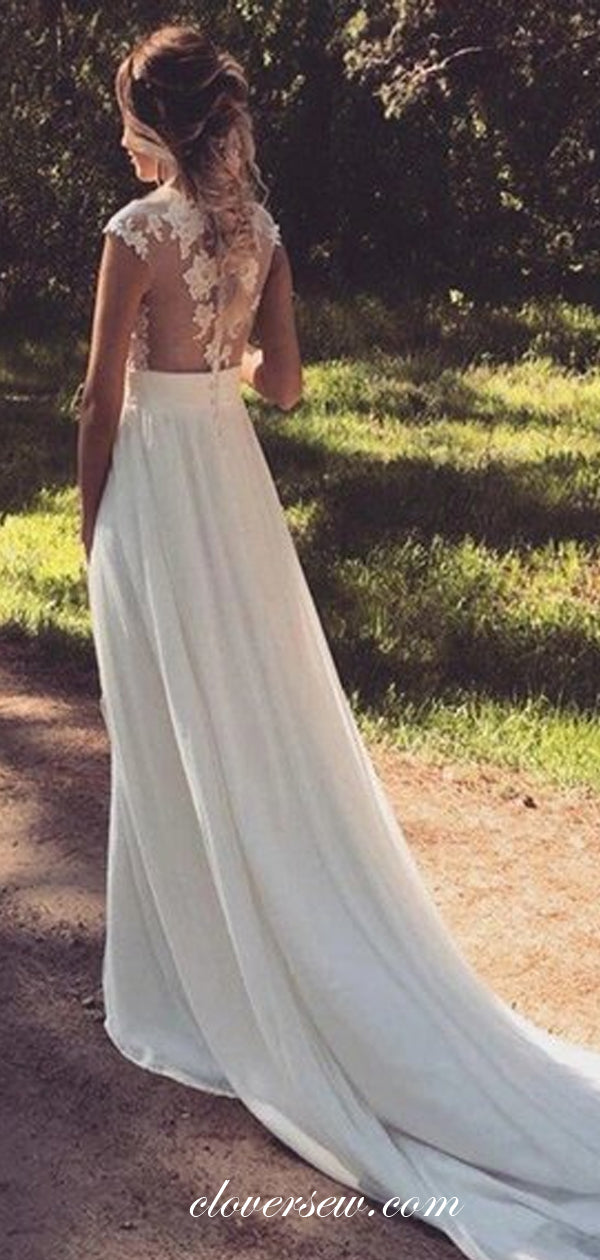 Lace Chiffon See Through Back Side Slit Beach Wedding Dresses,CW0095
