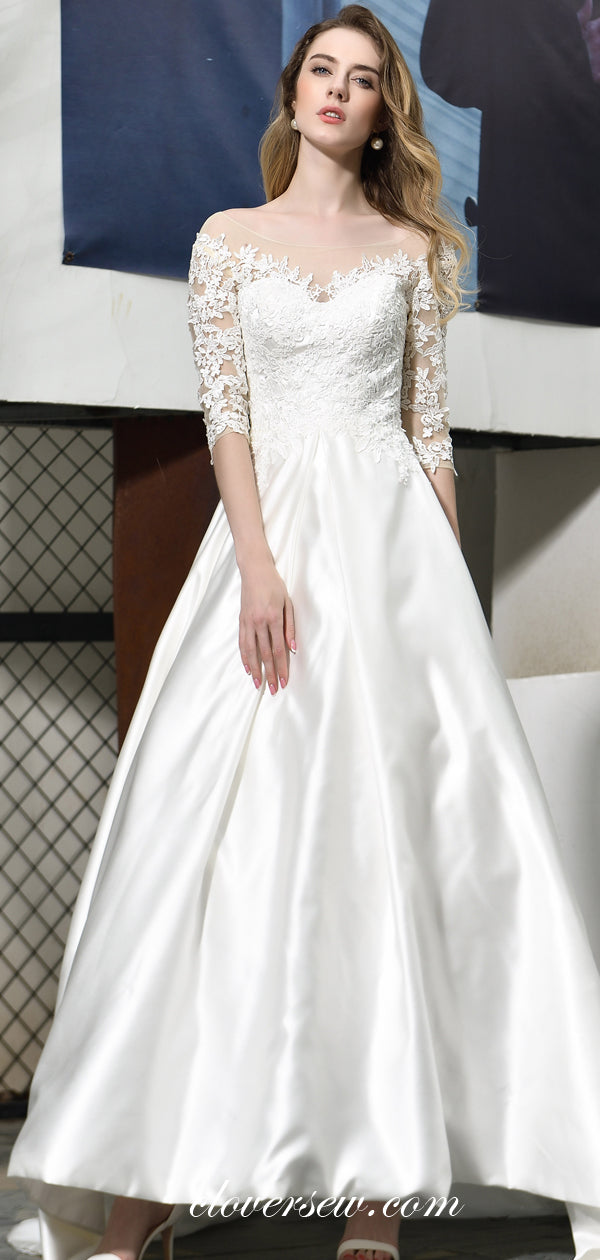 Lace Top Off The Shoulder Satin A-line Half Sleeves Wedding Dresses, CW0076