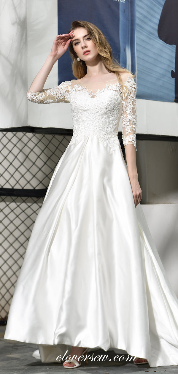Lace Top Off The Shoulder Satin A-line Half Sleeves Wedding Dresses, CW0076