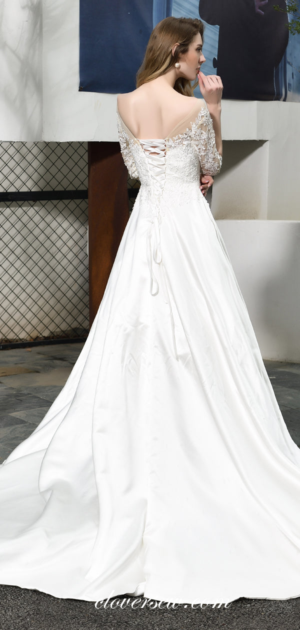 Lace Top Off The Shoulder Satin A-line Half Sleeves Wedding Dresses, CW0076