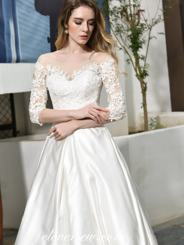 Lace Top Off The Shoulder Satin A-line Half Sleeves Wedding Dresses, CW0076