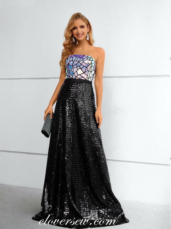 Laser Black Sequined Lace Strapless A-line Sparkly Prom Dresses, CP0918