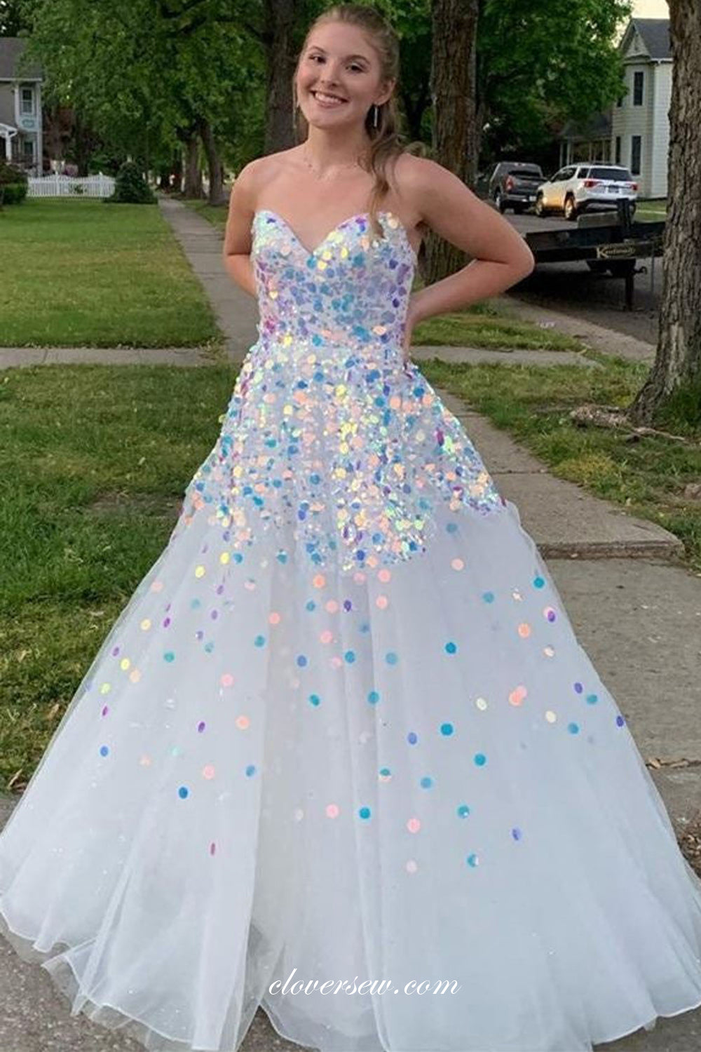 Laser Sequins Sweetheart A-line Shiny Prom Dresses For Teens, CP0817