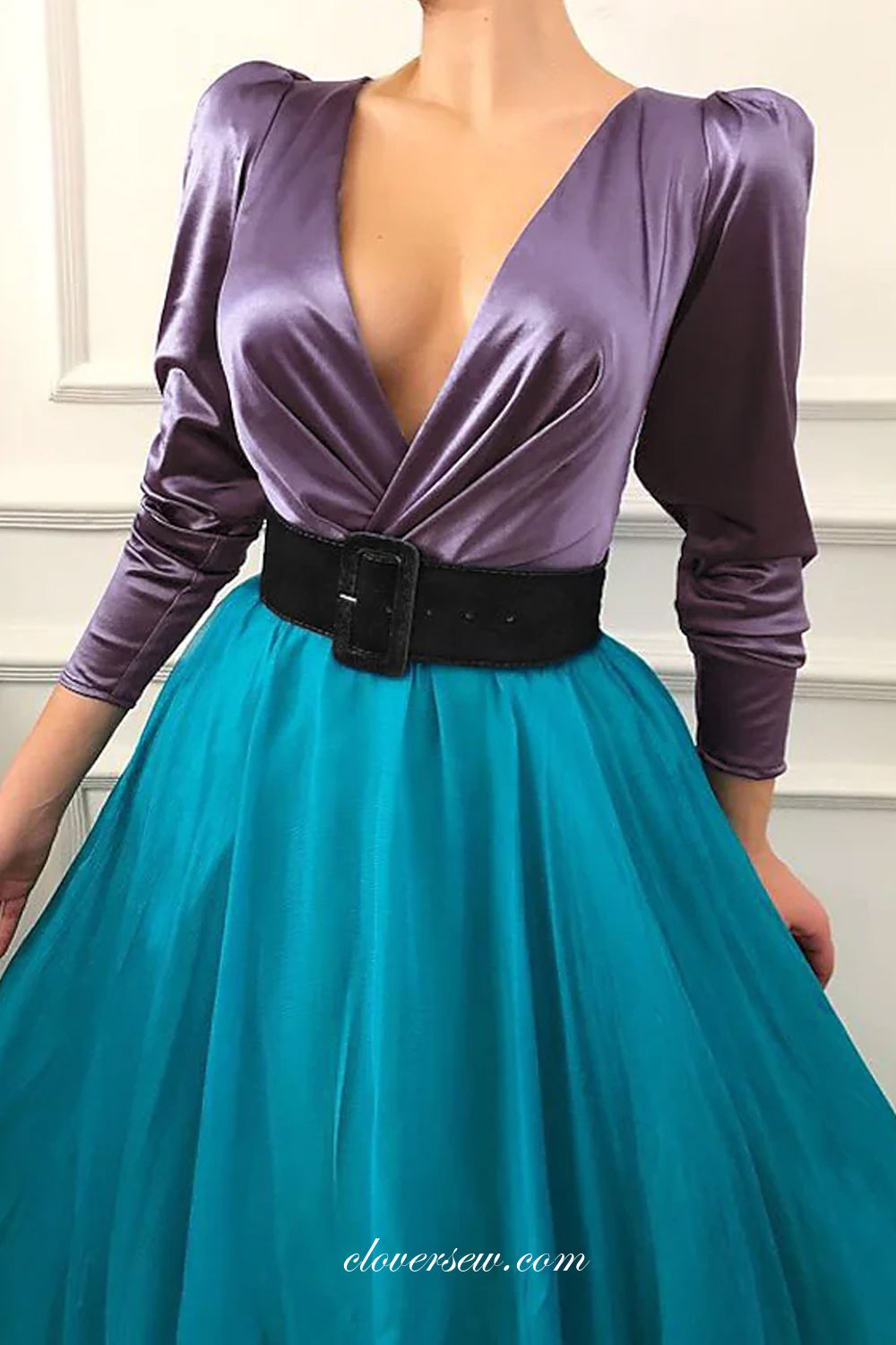 Lavender And Ice Blue Chiffon Long Sleeves V-neck Formal Dresses, CP0730