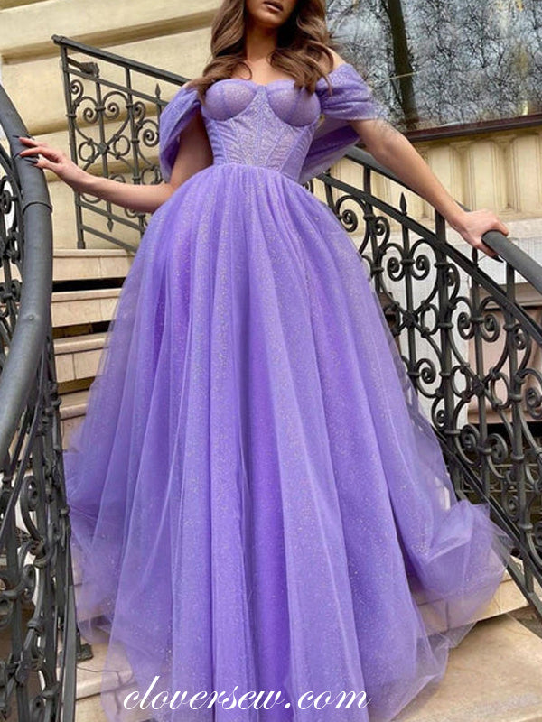 Lavender Glitter Tulle Off The Shoulder A-line Popular Prom Dresses, C clover sew Lavender Glitter Tulle Off The Shoulder A-line Popular Prom Dresses, C clover sew