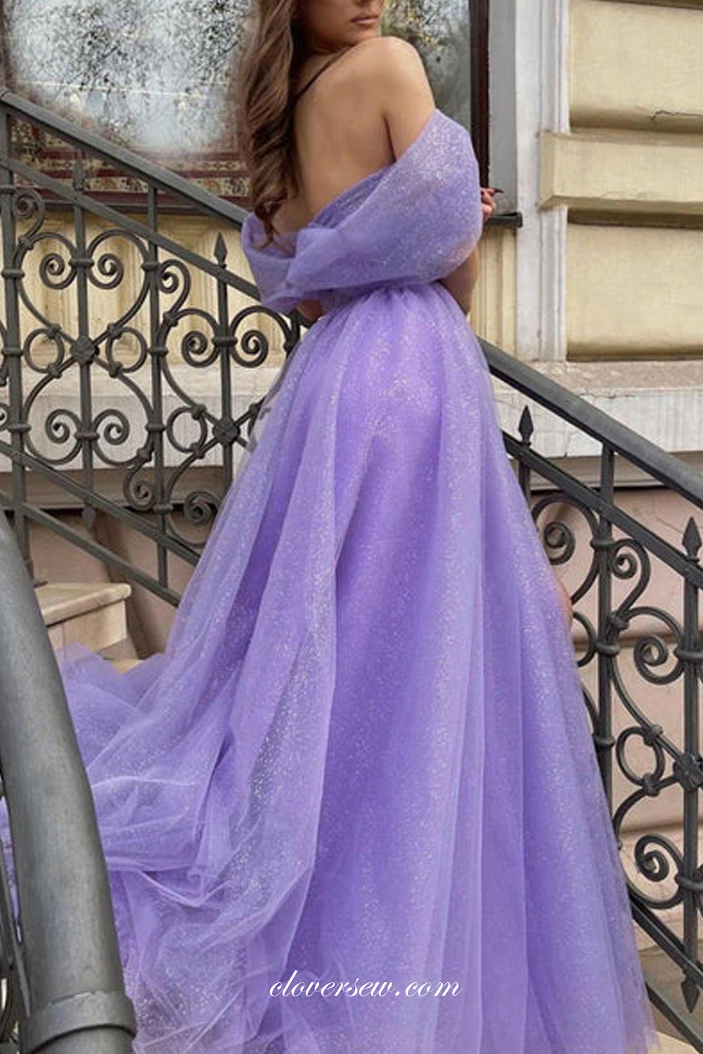Lavender Glitter Tulle Off The Shoulder A-line Popular Prom Dresses, C clover sew Lavender Glitter Tulle Off The Shoulder A-line Popular Prom Dresses, C clover sew