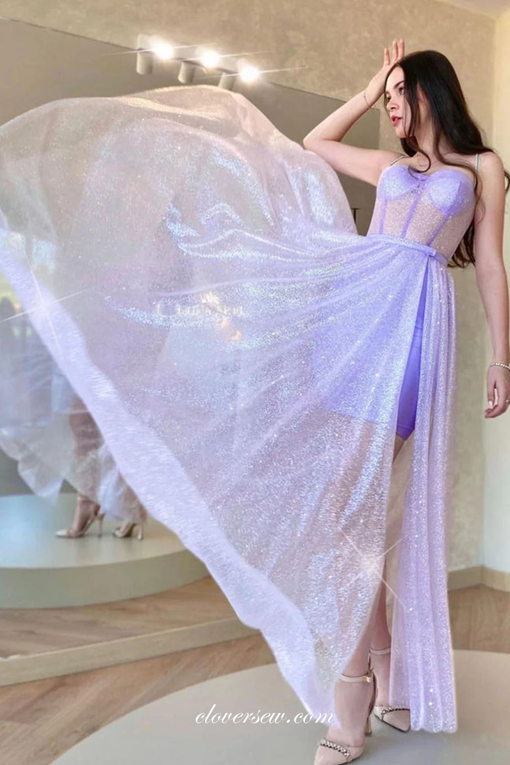 Lavender Glitter Tulle Sweetheart Spaghetti Strap Sparkly Prom Dresses, CP0996