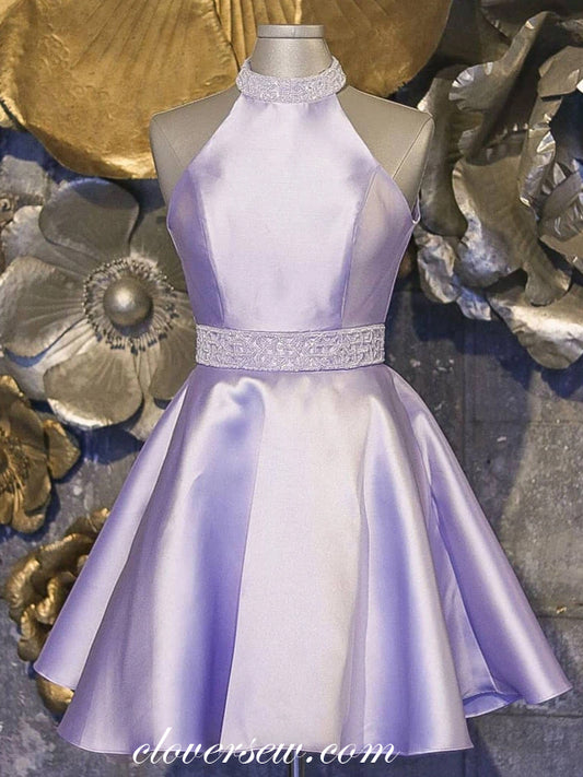 Laverder Satin Bead Belt Halter Open Back Homecoming Dresses, CH0011