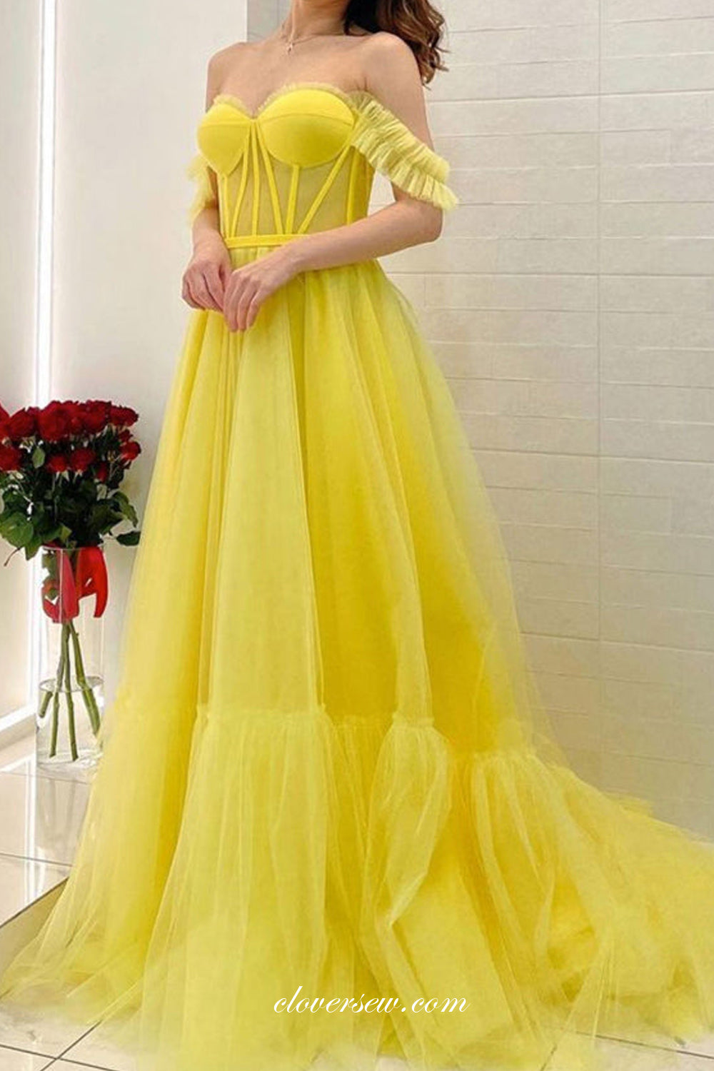 Lemon Yellow Tulle Off The Shoulder Sweetheart A-line Prom Dresses, CP clover sew Lemon Yellow Tulle Off The Shoulder Sweetheart A-line Prom Dresses, CP clover sew