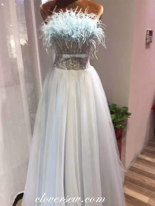 Light Blue Bead With Feather Strapless A-line Fashion Prom Dresses, CP0659