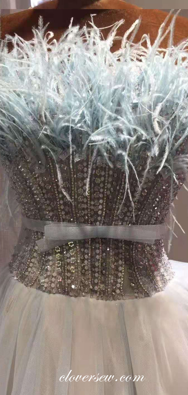 Light Blue Bead With Feather Strapless A-line Fashion Prom Dresses, CP0659