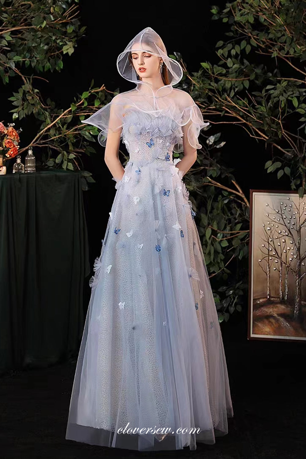 Light Blue Butterfly Applique Glitter Tulle Strapless Prom Dresses With hood Cloak, CP0978
