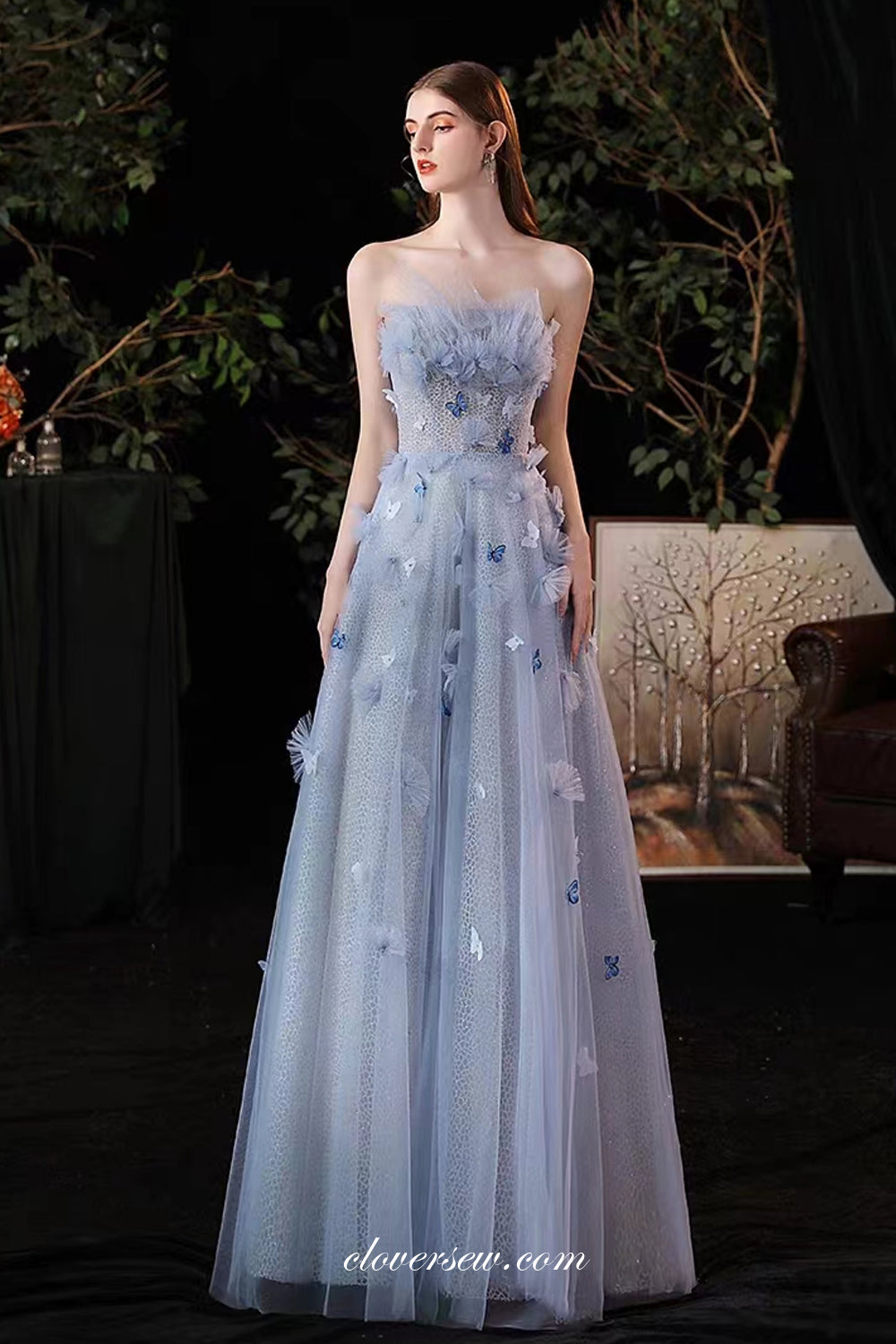 Light Blue Butterfly Applique Glitter Tulle Strapless Prom Dresses Wit clover sew Light Blue Butterfly Applique Glitter Tulle Strapless Prom Dresses Wit clover sew