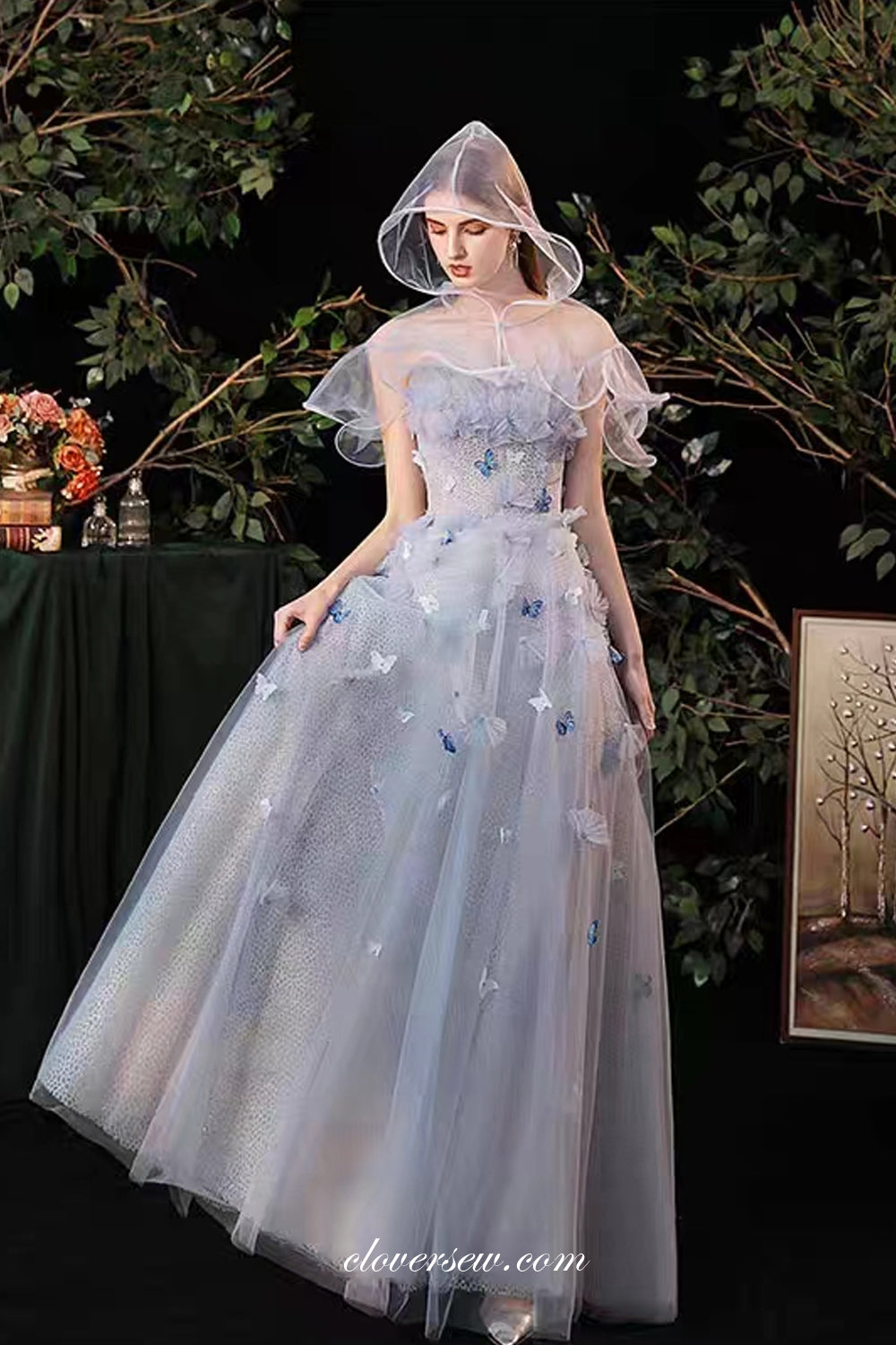 Light Blue Butterfly Applique Glitter Tulle Strapless Prom Dresses With hood Cloak, CP0978