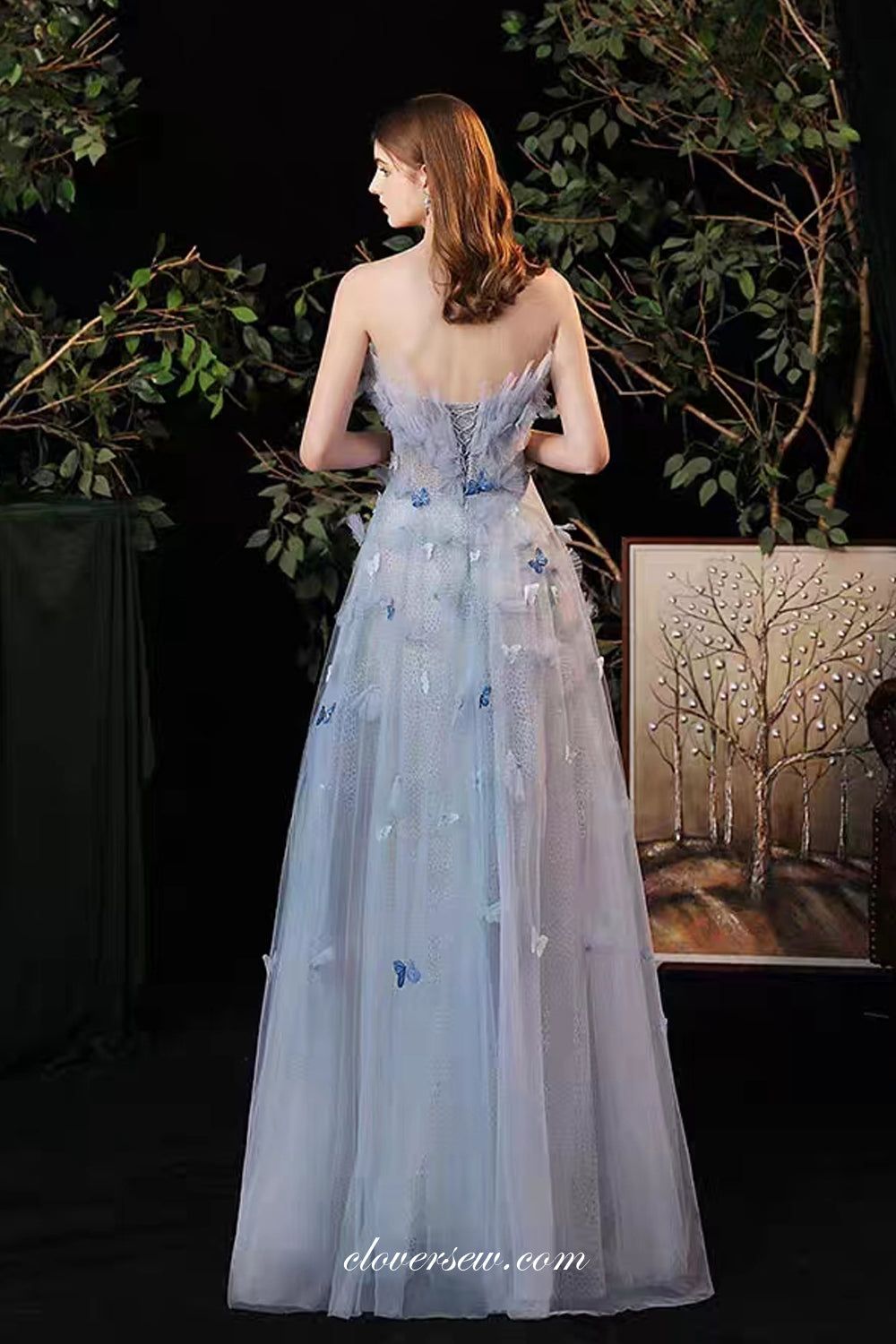 light blue butterfly prom dress Butterfly-Bodice Open-Back Long Sequin Prom Dress Powder Blue / 0
