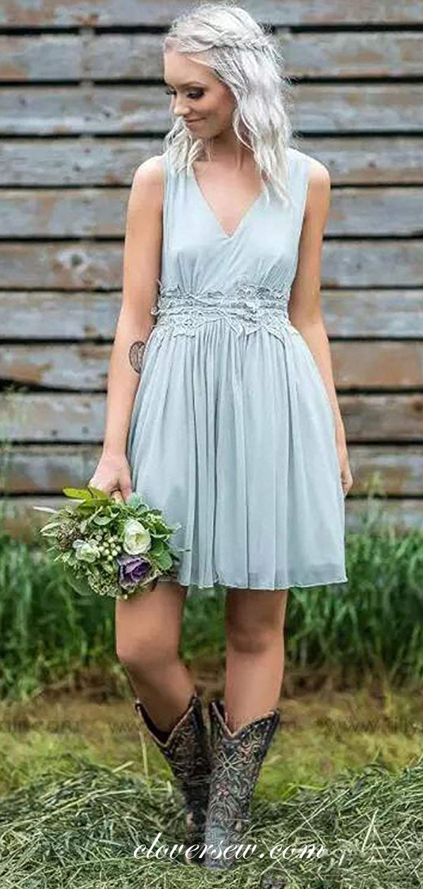 Light Blue Chiffon V-neck Applique Short Bridesmaid Dresses,CB0142
