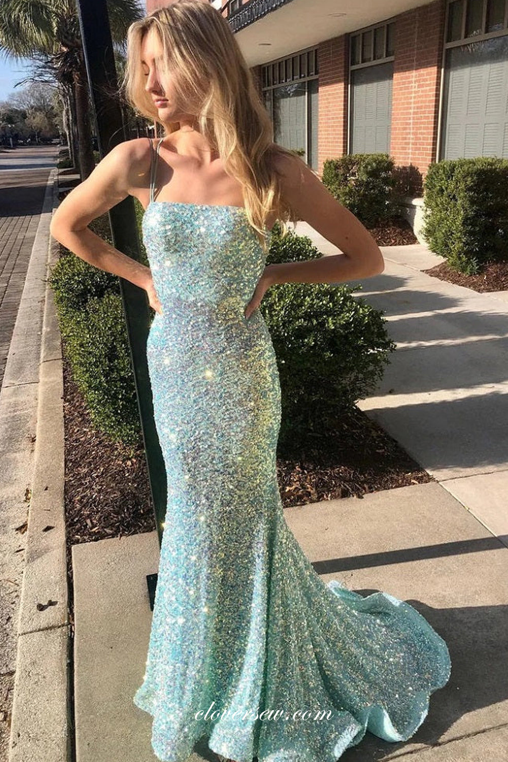 Light Blue Sequin Lace Up Back Mermaid Popular Prom Dresses, CP0970