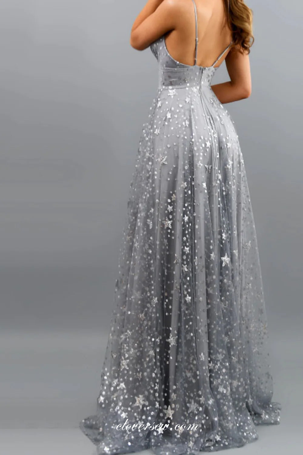 Light Blue Star Sequined Tulle A-line With High Slit Prom Dresses, CP0776