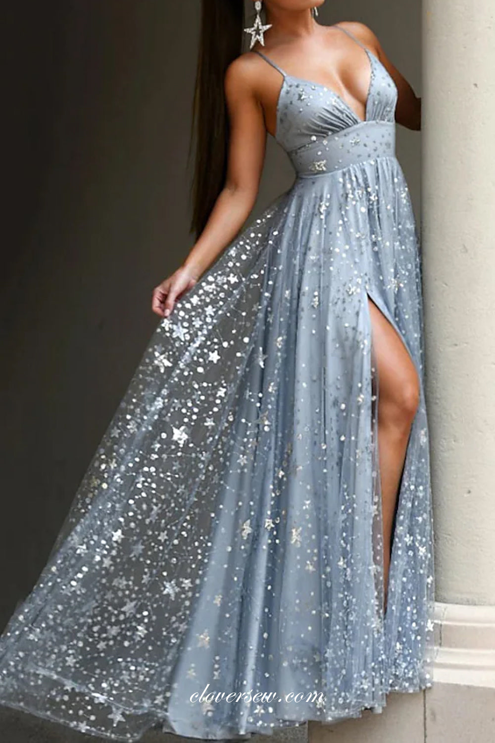 Light Blue Star Sequined Tulle A-line With High Slit Prom Dresses, CP0776