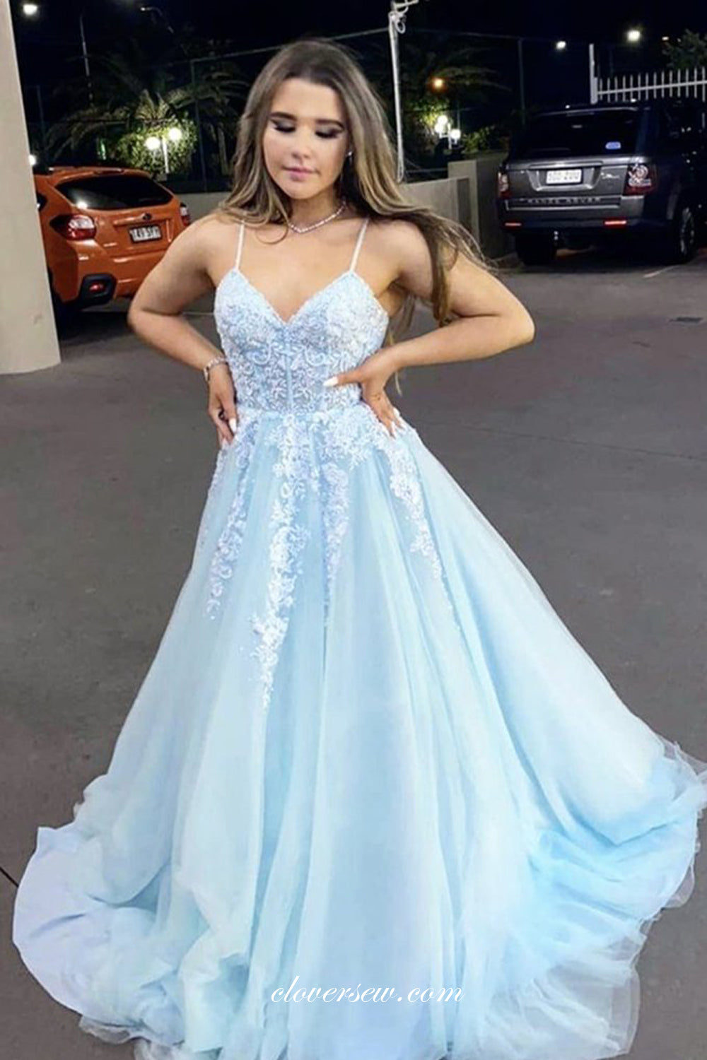 Elegant Sky Blue A Line Dress Rent Wedding Discount Prom Dresses Near Me Light Blue Tulle Lace Applique V-Neck Spagehtti Strap Elegant Sky Blue A Line Dress Rent Wedding Discount Prom Dresses Near Me Light Blue Tulle Lace Applique V-Neck Spagehtti Strap