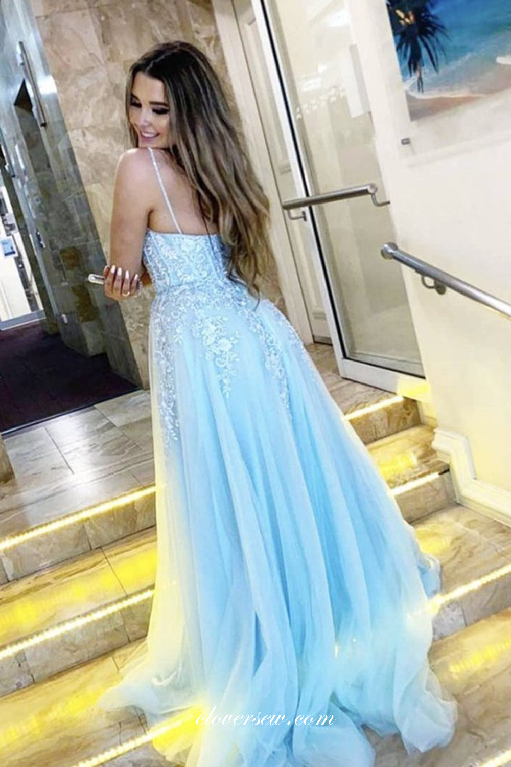 Light Blue Tulle Lace Applique V-neck Spagehtti Strap A-line Prom Dres clover sew Light Blue Tulle Lace Applique V-neck Spagehtti Strap A-line Prom Dres clover sew