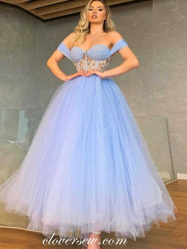 Light Blue Tulle Sweetheart Lace Applique A-line Ankle Length Prom Dresses, CP0992