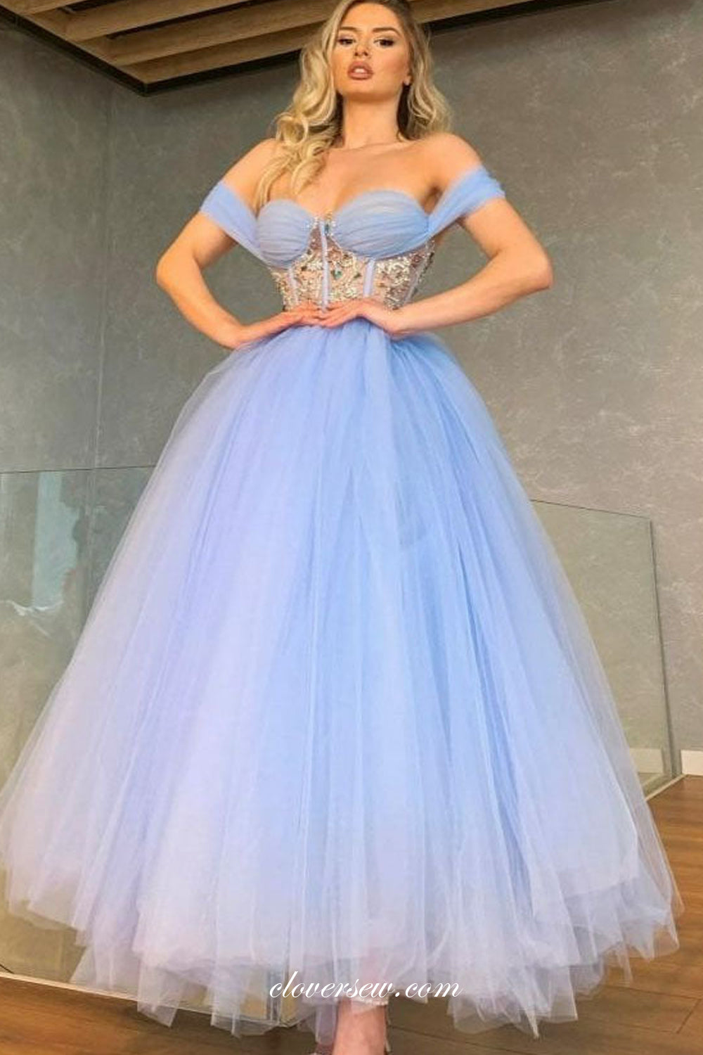 Light Blue Tulle Sweetheart Lace Applique A-line Ankle Length Prom Dresses, CP0992