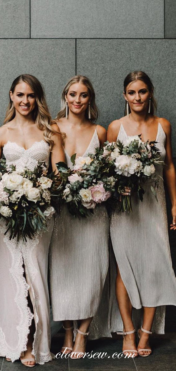 Light Grey Pleating Chiffon V-neck With Slit Bridesmaid Dresses,CB0147 Light Grey Pleating Chiffon V-neck With Slit Bridesmaid Dresses,CB0147