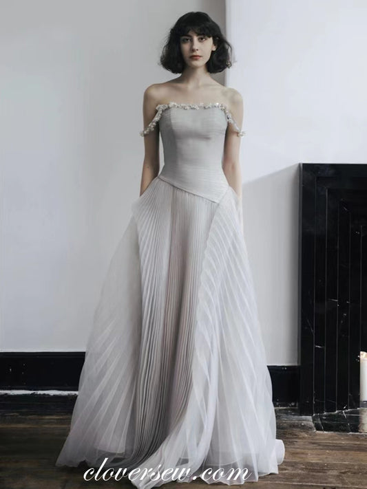 Light Grey Pleating Tulle Applique Open Back Vintage Wedding Dresses, CW0319