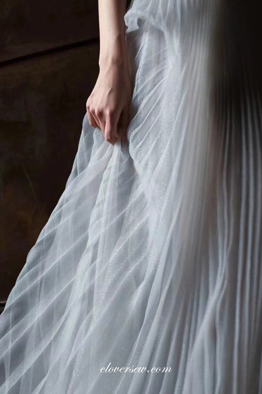 Light Grey Pleating Tulle Applique Open Back Vintage Wedding Dresses, CW0319