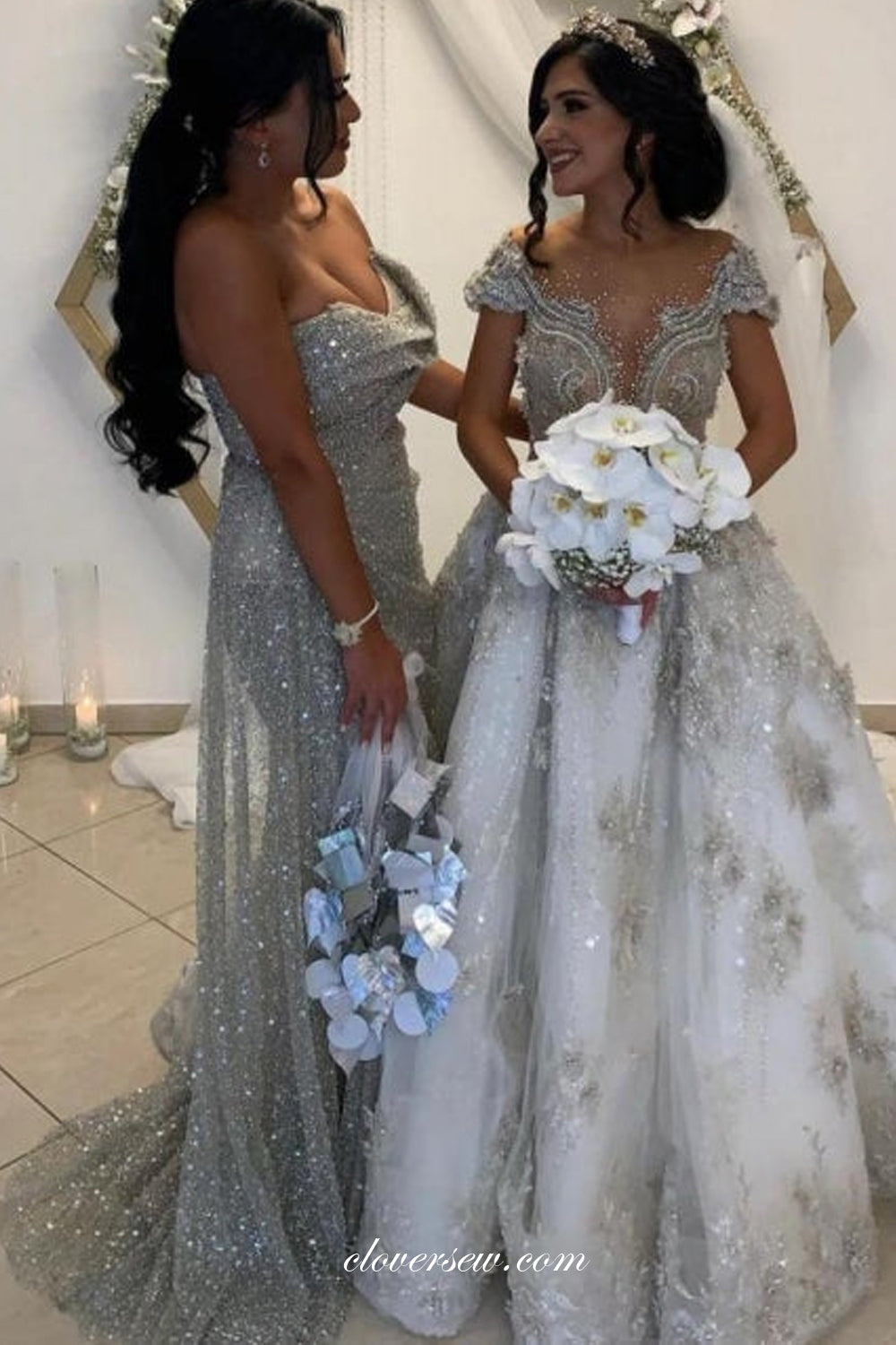 Light Grey Sequined Tulle Pleating Strapless Sheath With Slit Sparking Prom Dresses, CP0998