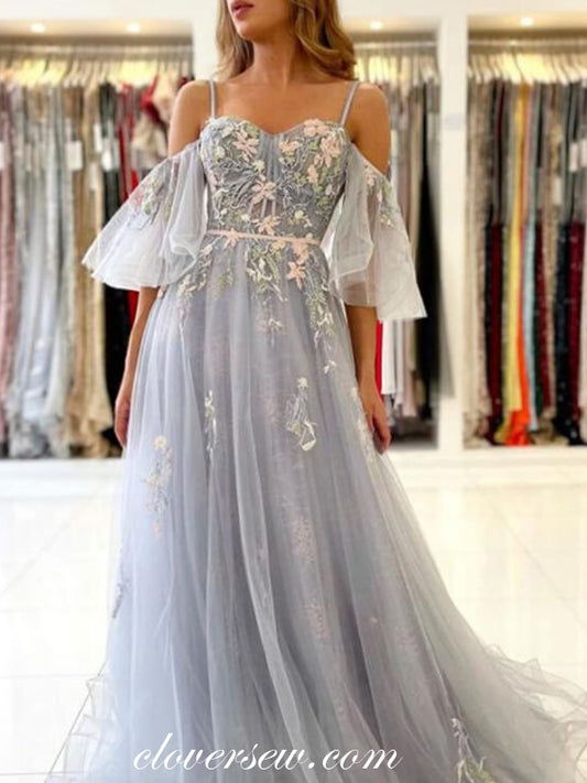 Light Grey Tulle 3D Applique Puffy Sleeves A-line Prom Dresses, CP0973