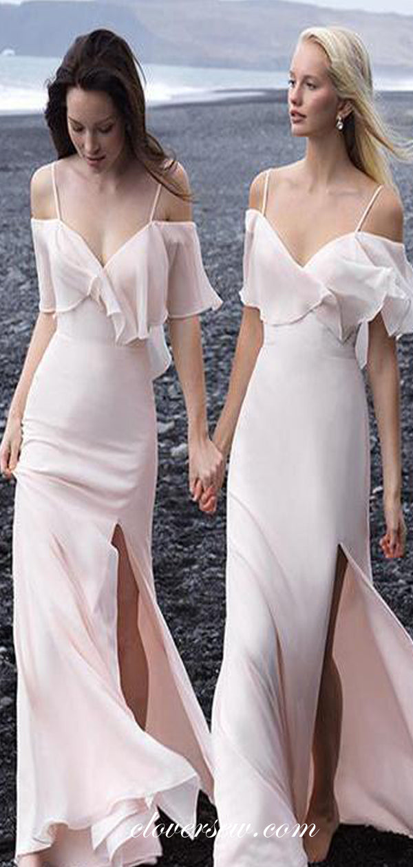 Light Pink Chiffon Off The Shoulder Side Slit Long Bridesmaid Dresses,CB0132