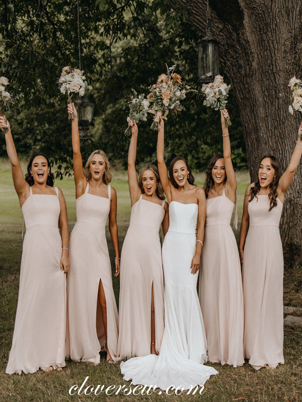 Light Pink Chiffon Sleeveless Column Side Slit Bridesmaid Dresses, CB0265